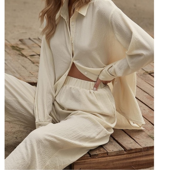 2 Piece Outfits Wide Leg Pants Set Cream Textured Lounge Set Size 2XL - Picture 3 of 5